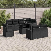 9 Piece Garden Sofa Set with Cushions Black Poly Rattan