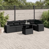 7 Piece Garden Sofa Set with Cushions Black Poly Rattan