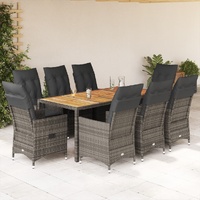 9 Piece Garden Dining Set with Cushions Grey Poly Rattan