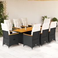 9 Piece Garden Dining Set with Cushions Black Poly Rattan
