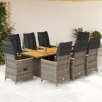 9 Piece Garden Dining Set with Cushions Grey Poly Rattan