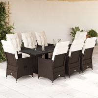 9 Piece Garden Bistro Set with Cushions Brown Poly Rattan