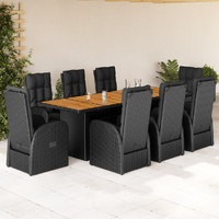 9 Piece Garden Dining Set with Cushions Black Poly Rattan