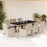 9 Piece Garden Dining Set with Cushions Light Grey Poly Rattan and Glass