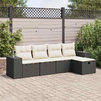 5 Piece Garden Sofa Set with Cushions Black Poly Rattan
