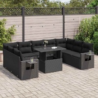 10 Piece Garden Sofa Set with Cushions Black Poly Rattan
