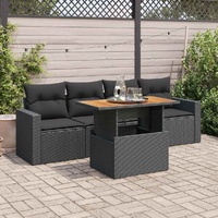 5 Piece Garden Sofa Set with Cushions Black Poly Rattan