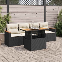 5 Piece Garden Sofa Set with Cushions Black Poly Rattan Acacia