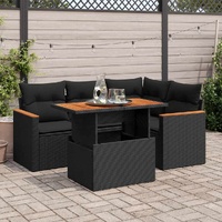 5 Piece Garden Sofa Set with Cushions Black Poly Rattan Acacia