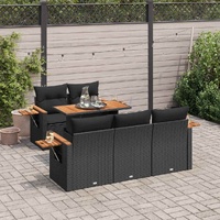 6 Piece Garden Sofa Set with Cushions Black Poly Rattan Acacia