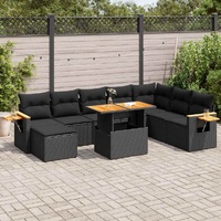 9 Piece Garden Sofa Set with Cushions Black Poly Rattan Acacia