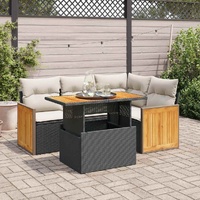 5 Piece Garden Sofa Set with Cushions Black Poly Rattan Acacia