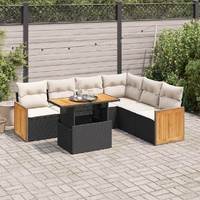 7 Piece Garden Sofa Set with Cushions Black Poly Rattan Acacia