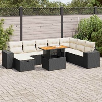 9 Piece Garden Sofa Set with Cushions Black Poly Rattan Acacia