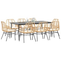 9 Piece Garden Dining Set with Cushions Brown Poly Rattan Glass