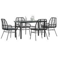 5 Piece Garden Dining Set with Cushions Black Poly Rattan Glass