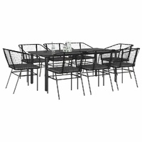 9 Piece Garden Dining Set with Cushions Black Poly Rattan Glass