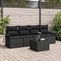 5 Piece Garden Sofa Set with Cushions in Black Poly Rattan