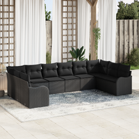 10 Piece Garden Sofa Set with Cushions Black Poly Rattan