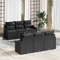 7 Piece Garden Sofa Set with Cushions Black Poly Rattan