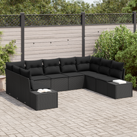 9 Piece Garden Sofa Set with Cushions - Black Poly Rattan