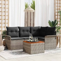 5 Piece Garden Sofa Set with Cushions Grey Poly Rattan Acacia