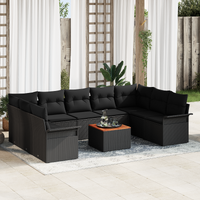 10 Piece Garden Sofa Set with Cushions Black Poly Rattan Acacia