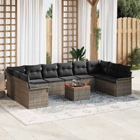 11 Piece Garden Sofa Set with Cushions Grey Poly Rattan Acacia