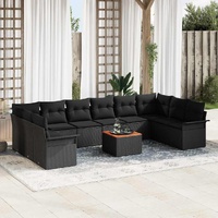 11 Piece Garden Sofa Set with Cushions Black Poly Rattan Acacia