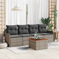 5 Piece Garden Sofa Set with Cushions Grey Poly Rattan Acacia