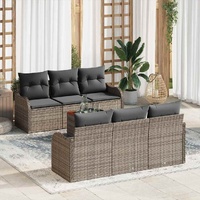 7 Piece Garden Sofa Set with Cushions Grey Poly Rattan Acacia
