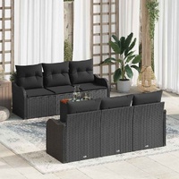 7 Piece Garden Sofa Set with Cushions Black Poly Rattan Acacia