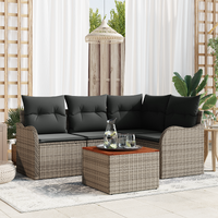 5 Piece Garden Sofa Set with Cushions Grey Poly Rattan Acacia