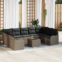 10 Piece Garden Sofa Set with Cushions Grey Poly Rattan Acacia
