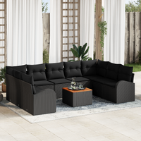 10 Piece Garden Sofa Set with Cushions Black Poly Rattan Acacia