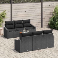 7 Piece Garden Sofa Set with Cushions Black Poly Rattan Acacia