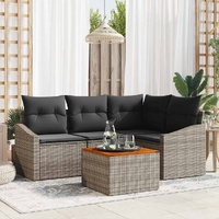 5 Piece Garden Sofa Set with Cushions Grey Poly Rattan Acacia