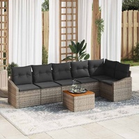7 Piece Garden Sofa Set with Cushions Grey Poly Rattan Acacia