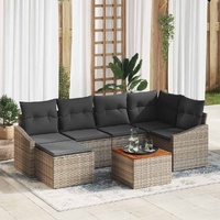7 Piece Garden Sofa Set with Cushions Grey Poly Rattan Acacia