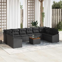 11 Piece Garden Sofa Set with Cushions Black Poly Rattan Acacia