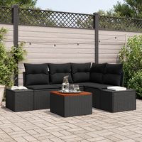 5 Piece Garden Sofa Set with Cushions Black Poly Rattan Acacia
