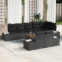 9 Piece Garden Sofa Set with Cushions Black Poly Rattan Acacia