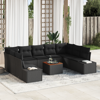 10-Piece Garden Sofa Set with Cushions Black Poly Rattan Acacia