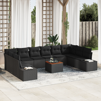 11 Piece Garden Sofa Set with Cushions Black Poly Rattan Acacia