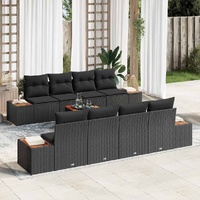 9 Piece Garden Sofa Set with Cushions Black Poly Rattan Acacia