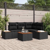 5 Piece Garden Sofa Set with Cushions Black Poly Rattan Acacia