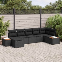 7 Piece Garden Sofa Set with Cushions Black Poly Rattan Acacia