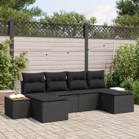 6 Piece Garden Sofa Set with Cushions Black Poly Rattan Acacia
