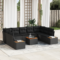 10 Piece Garden Sofa Set with Cushions - Black Poly Rattan & Acacia