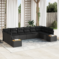 10 Piece Garden Sofa Set with Cushions Black Poly Rattan Acacia